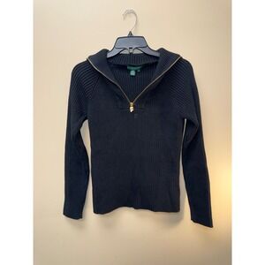Lauren Ralph Lauren Womens Black Cotton Quarter Zip Sailor Collar Sweater M